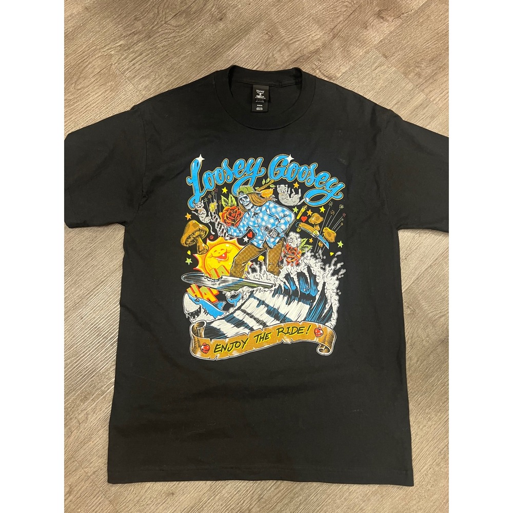 Hanes Beefy-T Loosey Goosey Enjoy The Ride Skeleton Surfer Graphic Tee Black M - Picture 1 of 2